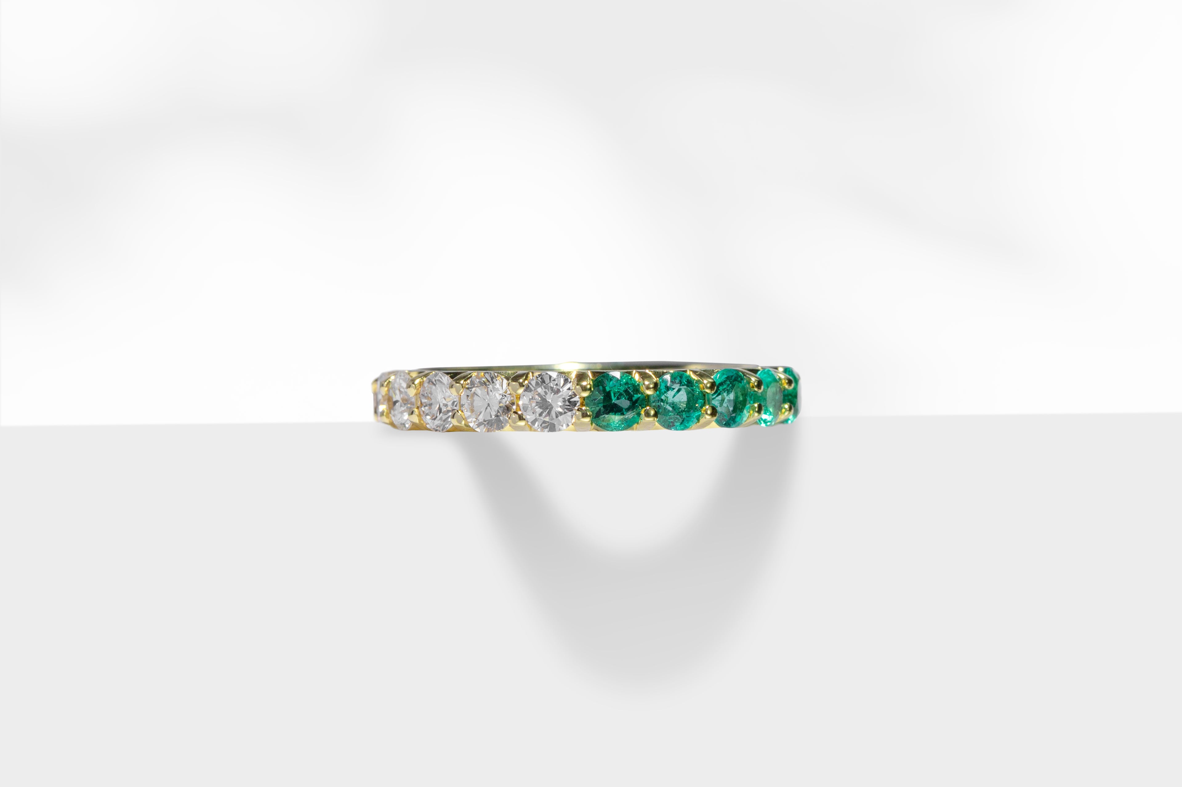 ILA SODHANI's Green Moon Eternity Band, from the ILA SODHANI Lunar Eternity Band Collection; with natural emeralds and white diamonds set in yellow gold shown on a white background.