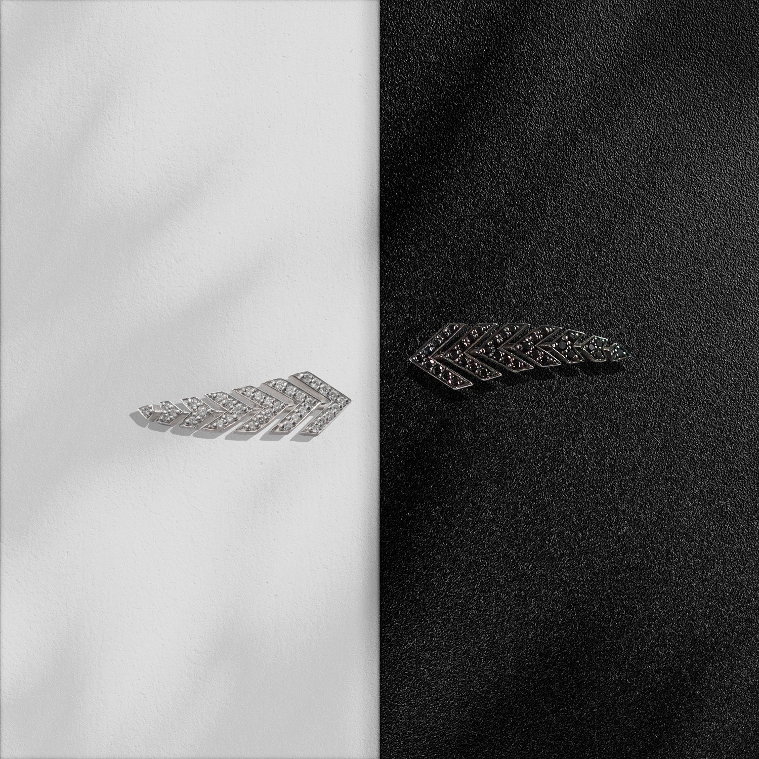 ILA SODHANI Sasha Earring comes in white gold, on the left with white diamonds, and black rhodium, with black diamonds, on the right.
