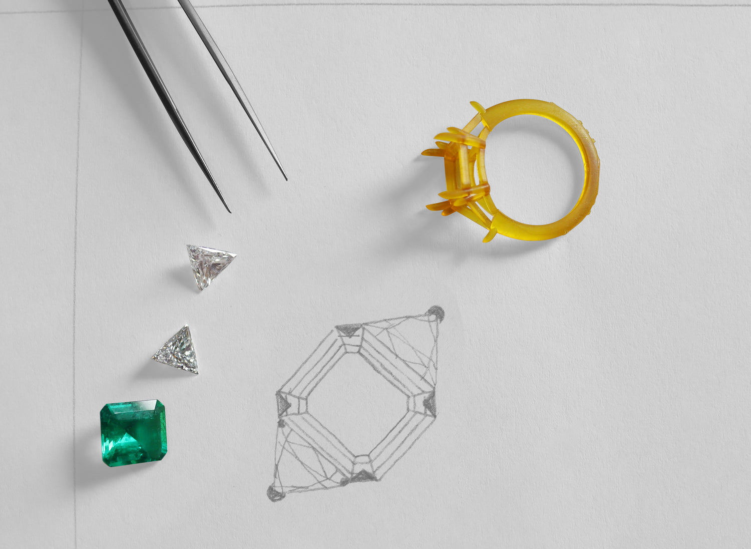 ILA SODHANI Trillion $ Ring design shown with wax 3D printed model and hand sourced stones.